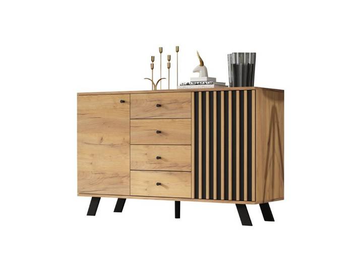 Buffet de Cuisine 120 cm - Meuble Rangement - 4 Tiroir - 2 Armoires - Meuble Bas - Salon - Couleur Bois