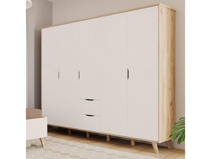 Forte VANKKA Kleiderschrank 230, Skandi Schrank mit 5 Drehtüren und 2 Schubladen, Filigrane Möbelbeine, Holzwerkstoff, Planked Eiche Holzdekor Weiß, 228,8 cm breit x 201,5 cm hoch x 52,7 cm tief