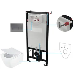 Neuesbad Serie 660 Wand-WC spülrandlos + WC-Sitz + Vorwandelement + Betätigungsplatte, Titan NB1DECDZT6ZPW1
