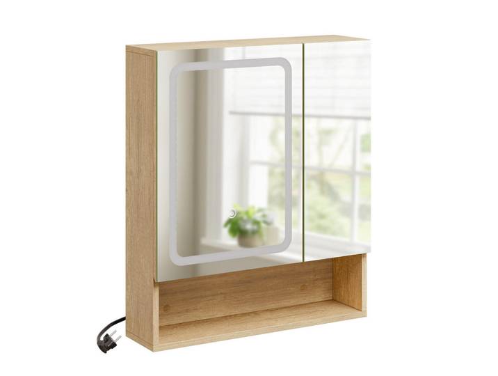SoBuy Spiegelschrank mit LED-Beleuchtung und Touch-Sensor Bzr238-E-N, Ahornfarben, Kunststoff, Holz Optik, Rechteckig, 17x70x60 cm, Badezimmer, Badezimmerspiegel, Spiegelschränke