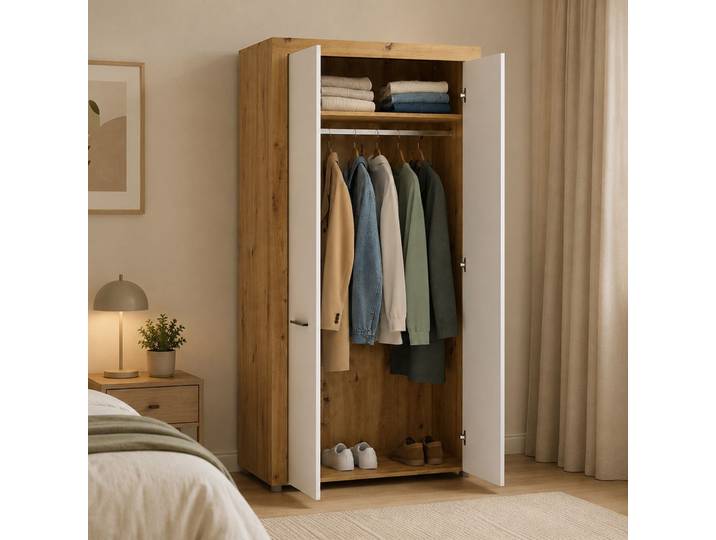 Armoire 2 Portes Lesemelo\, Garde-robe Chambre Avec Étagère\, Portemanteau\, Portes Battantes\, 100x192h Cm Chêne Marron