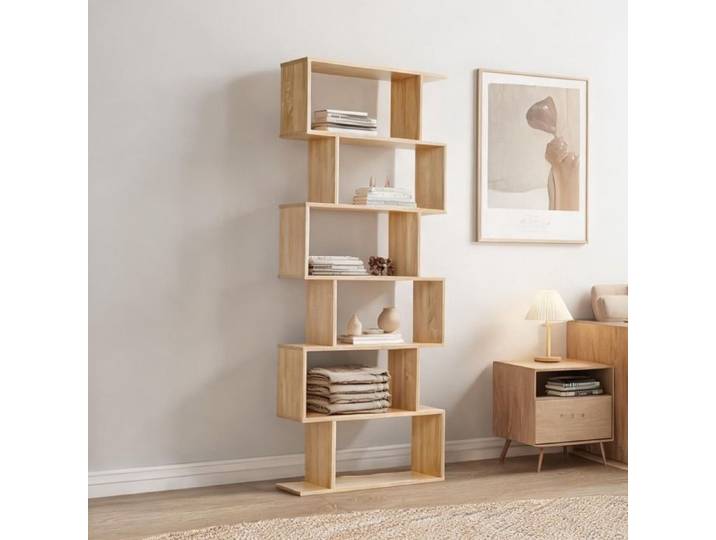Bibliothèque design en zigzag panneaux de particules finition chêne clair 6 niveaux 80 x 23 x 192 cm