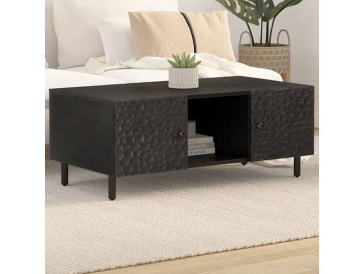 HEFZGDB Massivholz Couchtisch Schwarz 100x54x40 cm Mango mit Stauraum und Tür Robuster Beistelltisch mit Eisenbeinen Langlebiger Wohnzimmertisch