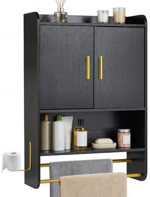Costway Bathroom Wall Cabinet Wall Mounted Medicine Cabinet with Towel Bars-Black