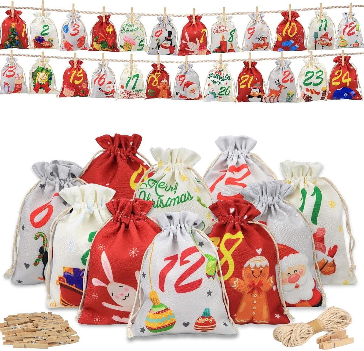 24 Stoffen zakjes voor een DIY adventskalender voor kerstdecoratie