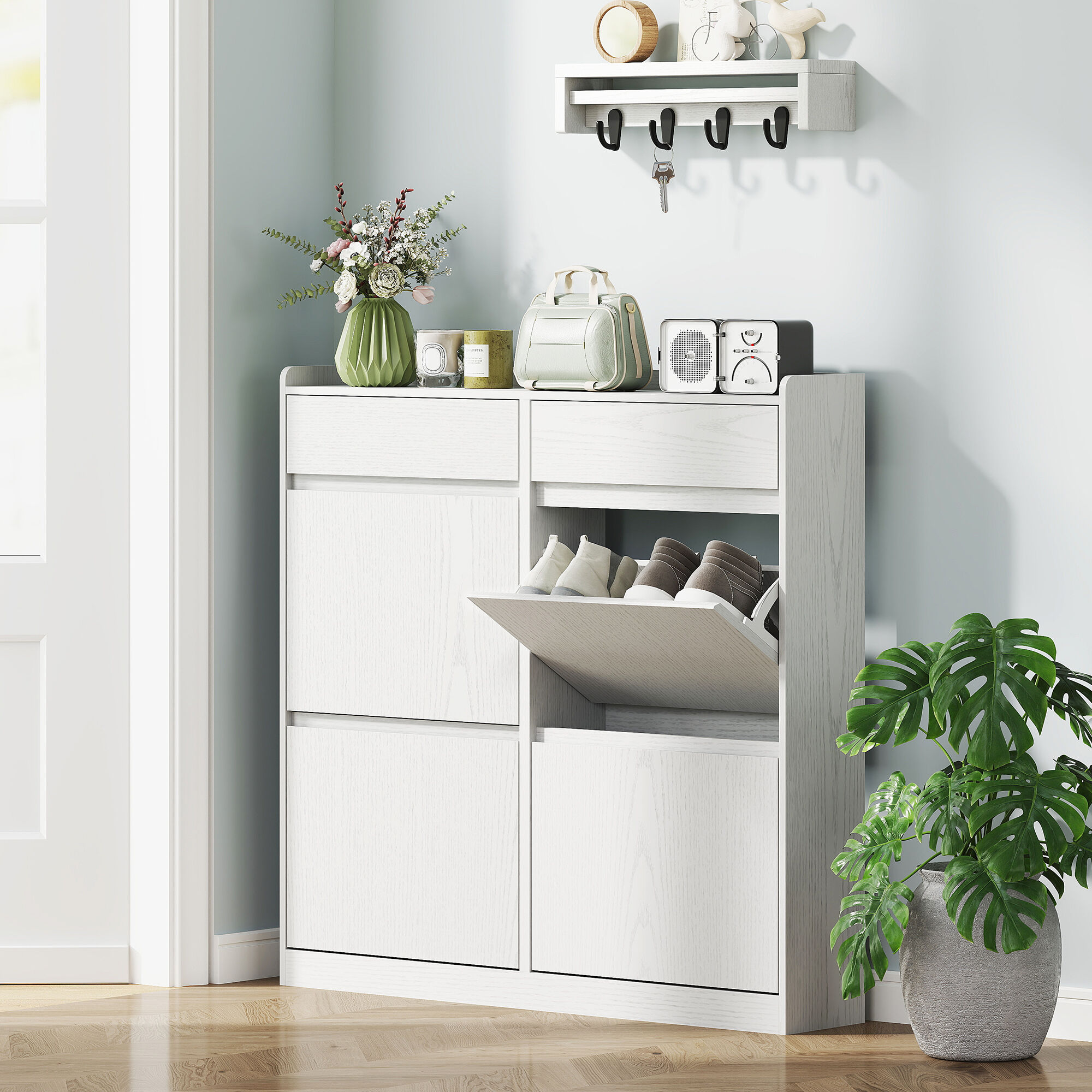 giordanoshop Scarpiera Slim 98x19,2x95,3 cm con 4 Ante a Ribalta e 2 Cassetti in Legno Bianco...