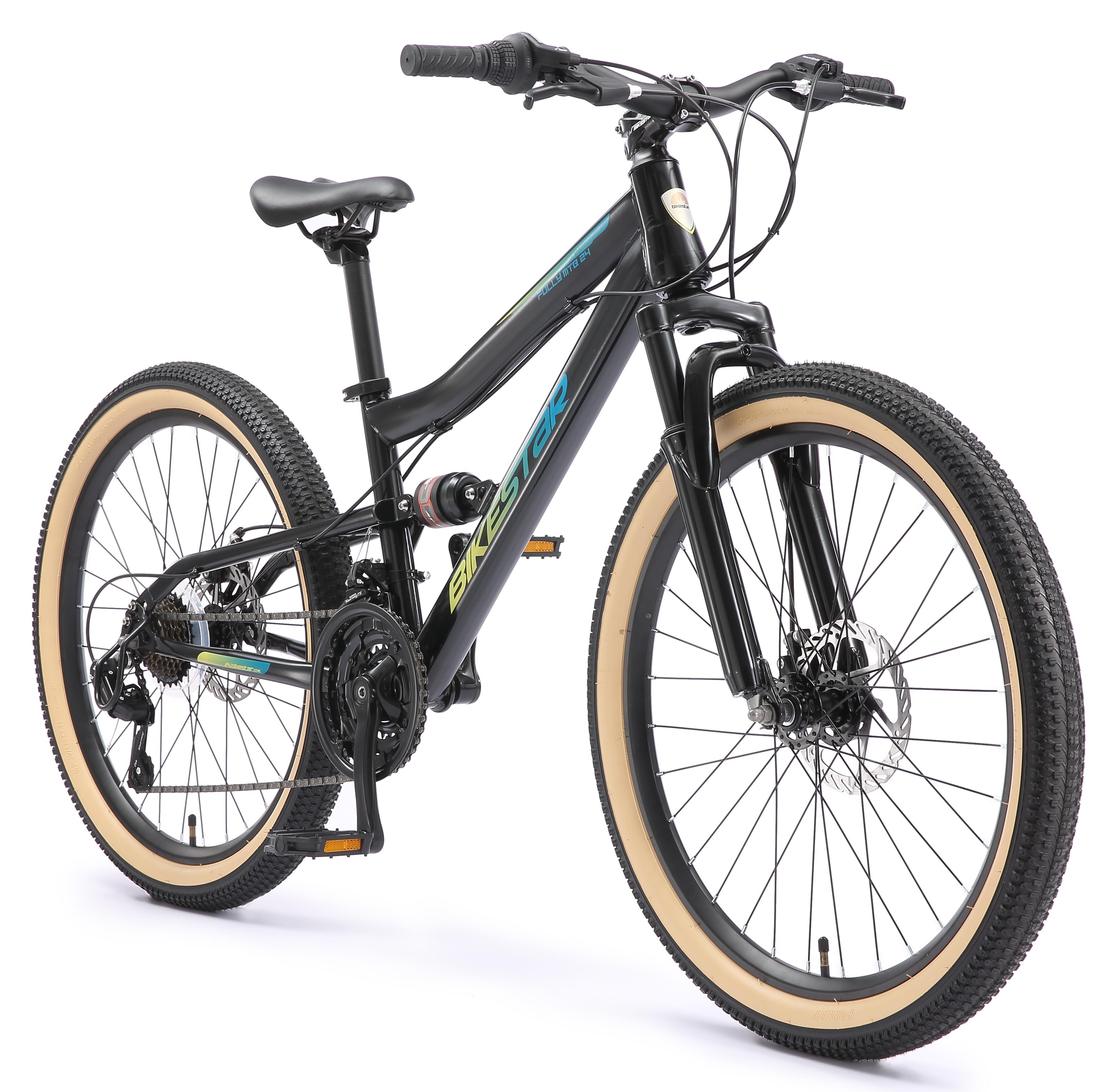 BIKESTAR Kinder Fully Mountainbike 24 Zoll ab 9 Jahre | 21 Gang Shimano, Scheibenbremsen | Schwarz
