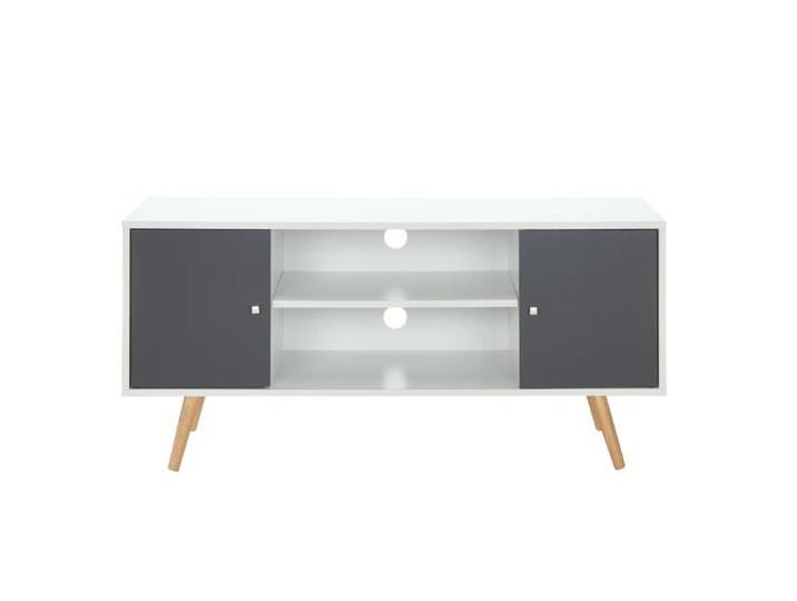 Meuble TV - BAÏTA - Gamme BABETTE - Blanc et gris - L 116 x P 39 5 x H 53 5 cm