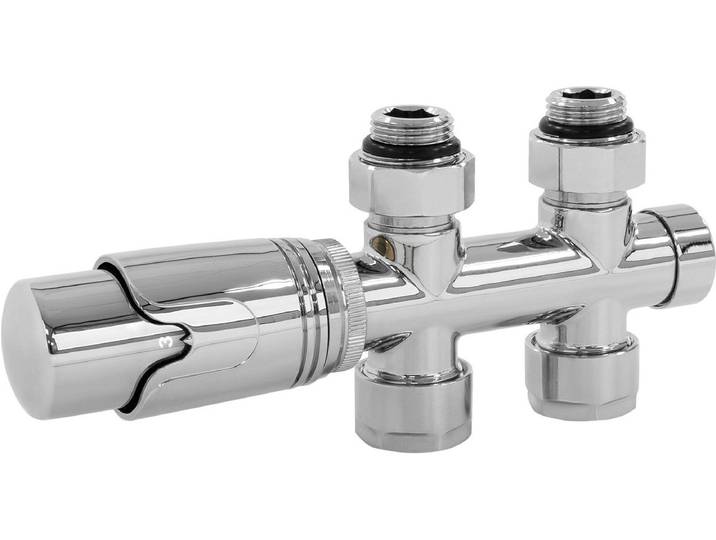 LuxeBath fittingen set multiblock chroom rechtdoor incl. thermostaat voor badkamer radiator middenaansluiting\, aansluitset radiator kraanblok rechtdoor leidingen vanaf de vloer thermostaatkop