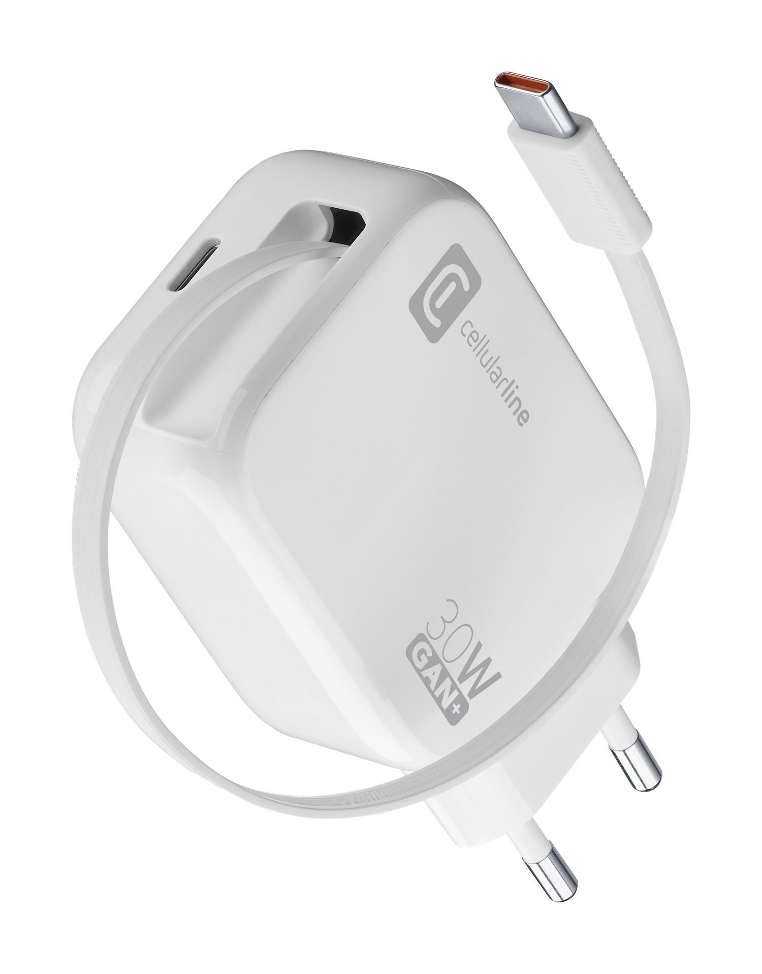 Cellular Line Ladegerät GaN+ mit ausziehbarem USB-C-Kabel (Weiß) 61287