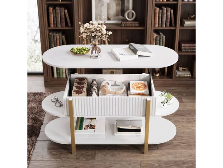 Table Basse Relevable Table de Salon Ovale Tables Basse avec Rangement Caché et Compartiment Ouvert pour Chambre Salon Blanc