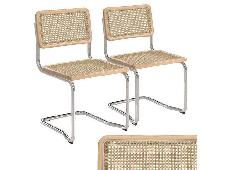 skølm Esszimmerstuhl Langhus, Schwingstuhl, Freischwinger, Gummibaum Holz & Rattanoptik    (Natur, 2 St), Freischwinger Wiener Geflecht & verchromtes Metallgestell