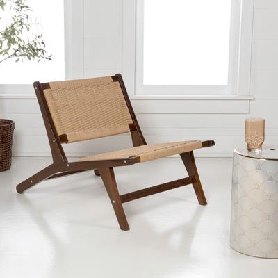 JONATHAN Y Parker Bohemian Armless Woven Yarn and Solid Indonesian Teak Wood Accent Lounge Chair for Living Room & Bedroom
