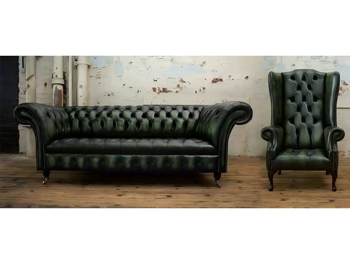 Xlmoebel Chesterfield-Sofa Exklusive Wohnzimmergarnitur im Chesterfield-Stil aus grünem Leder, Hergestellt in Europa