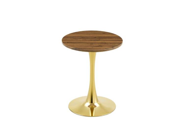 Table à manger ronde 60 cm en MDF aspect noyer piétement doré style mid-century hauteur 72 cm