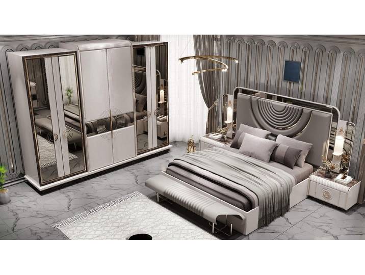 JVmoebel Schlafzimmer-Set Luxus Schlafzimmer-Set mit Polsterbett, Kleiderschrank & Sitzbank, (5-tlg)