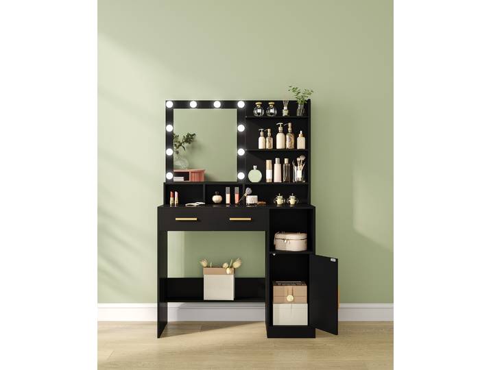 Coiffeuse avec miroir et 10 éclairage LED, coiffeuses à luminosité réglable, coiffeuse avec 2 tiroirs