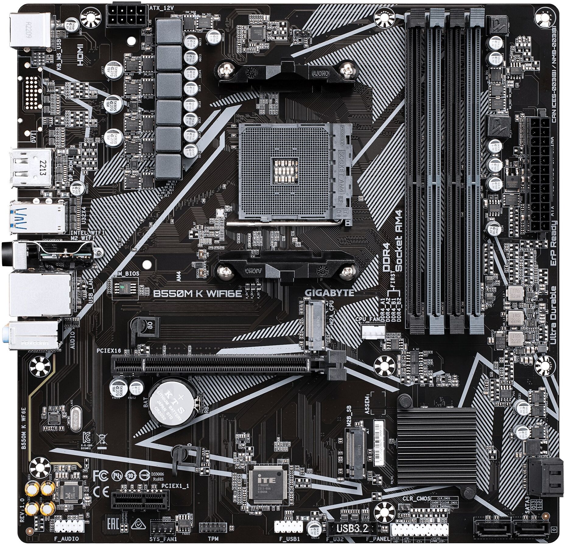 GIGABYTE B550M K WIFI6E Motherboard - AMD Ryzen 5000 CPUs, up to 4733MHz DDR4, 1xPCIe 4.0 + 1xPCIe 3.0 M.2, WIFI 6E, 1GbE LAN, USB 3.2 Gen 1