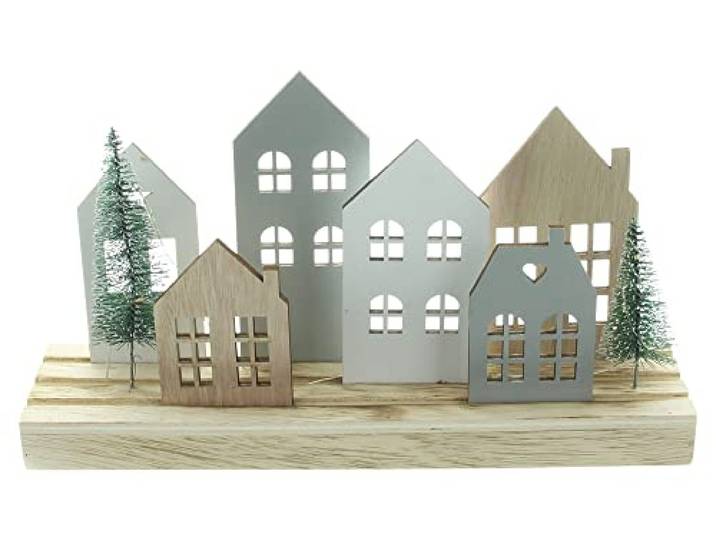 FRANK FLECHTWAREN LED-Board Häuser, schöne Skyline aus Holz & Kunststoff, Maße: 30 x 7 x 17 cm, nostalgisch, vielseitig einsetzbar, zu Weihnachten, als Geschenk, zum Einzug
