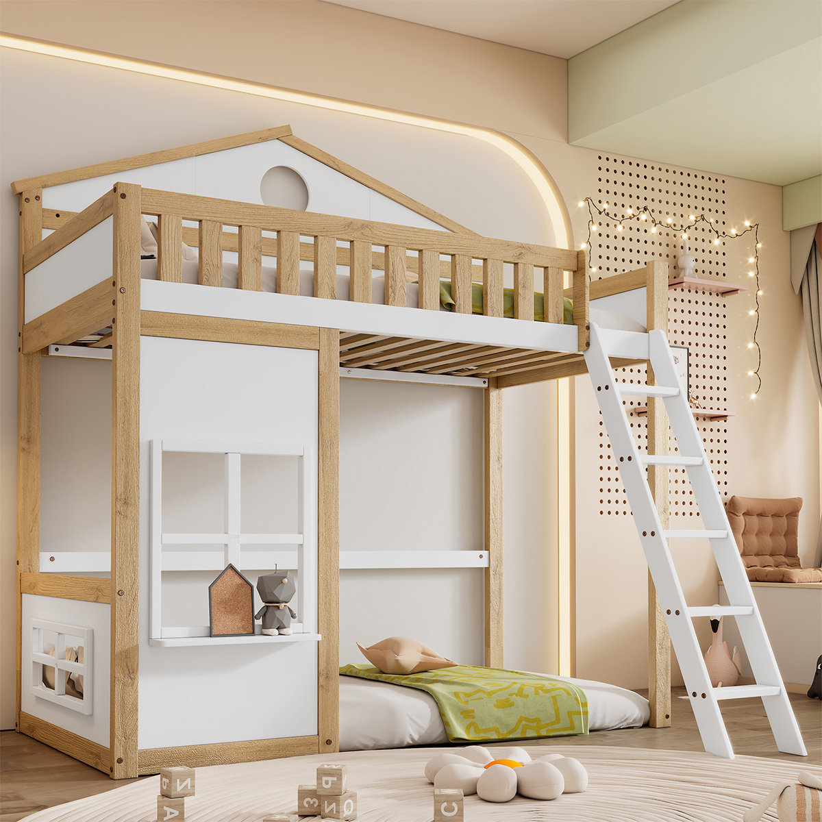 Etagenbett mit Treppe Fallschutz Gitter Dach und Fenster Kinderbett Hausbett Kiefernbett Jugendbett aus Kiefer Weiß+Natur 90x200cm