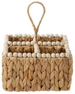 Gibson Home Woven Utensil Caddy with 4 Compartments, Natural Hand-Braided Water Hyacinth Basket with Wood-Bead Trim