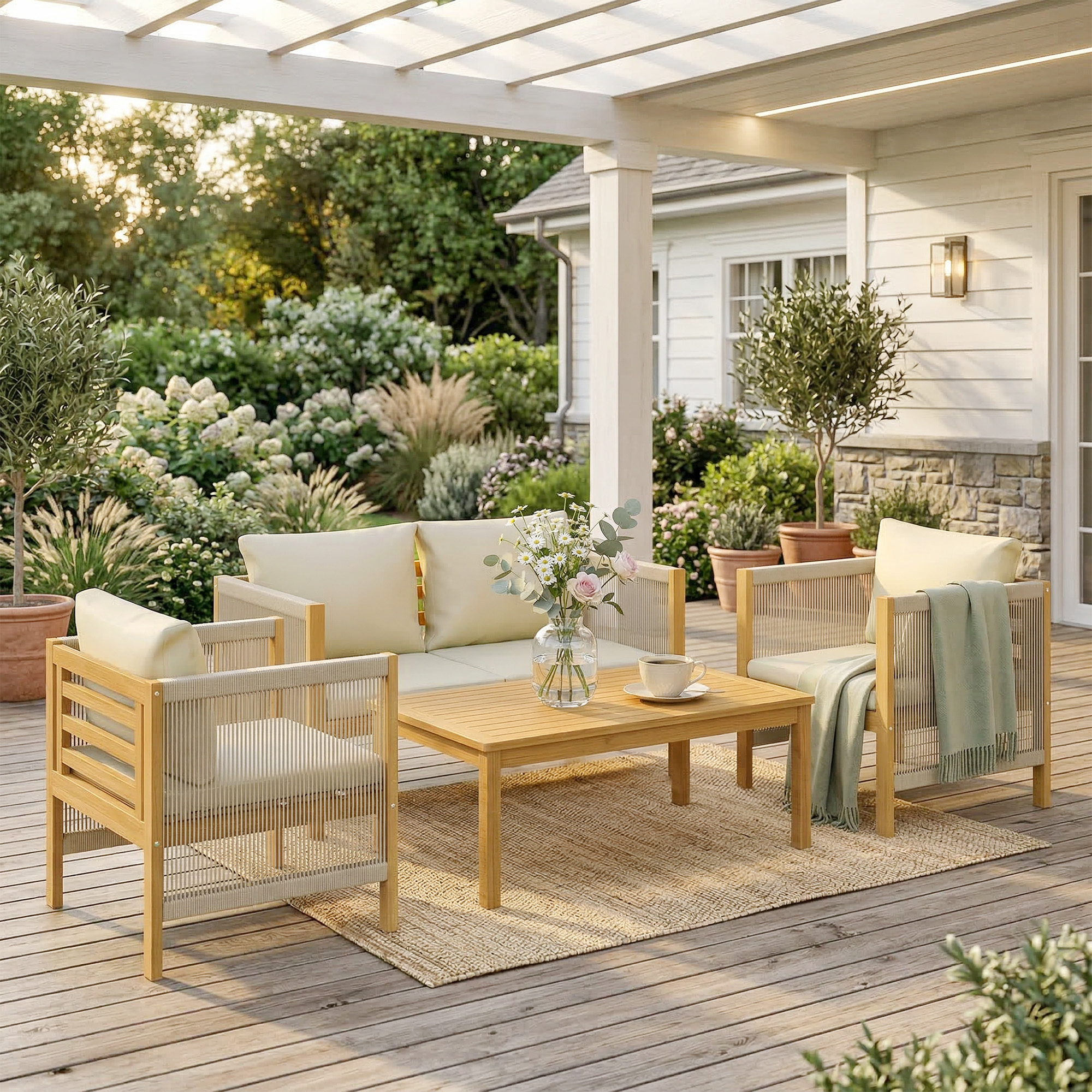 Outsunny Set giardino 4 pezzi in legno di acacia con cuscini, Beige   Aosom Italy