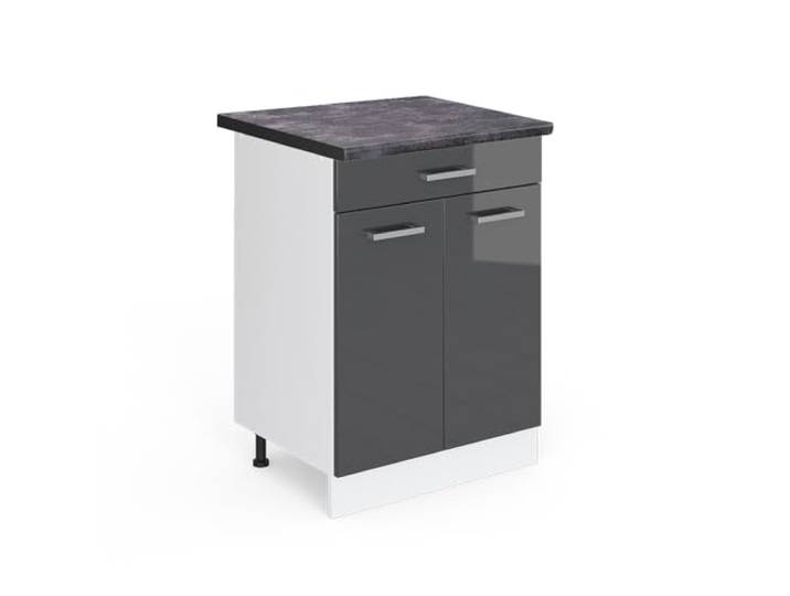 Vicco Küchenunterschrank R-Line, Anthrazit Hochglanz, 60 cm 1 Schublade · Arbeitsplatte Anthrazit · Höhenverst. Füße · 2 Türen · Leichter Zugriff
