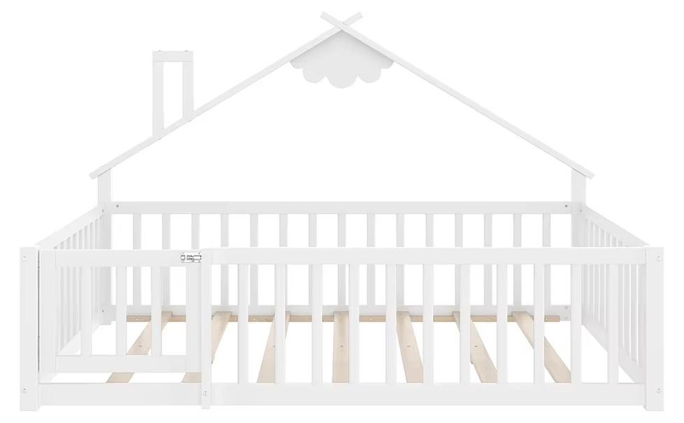 Kinderbett - Bodenbett mit Hausdesign - Schutzgitter mit Schloss - Kiefernholz - 140 x 190 cm - Weiß