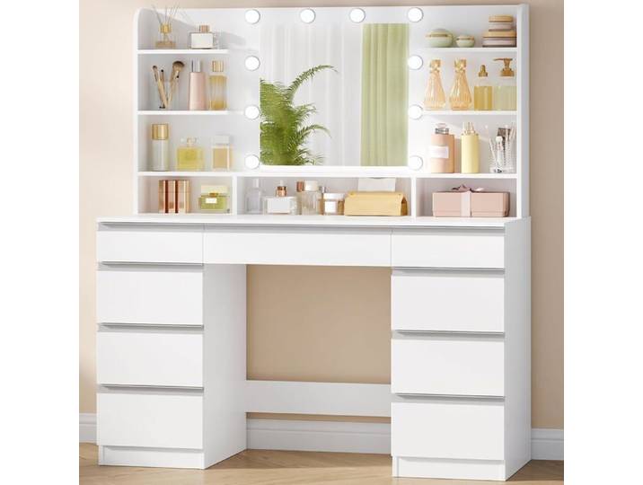 Hzuaneri Coiffeuse avec Miroir et LED 9 Tiroirs 9 Étagères Blanc-Argent 40x108x140 cm