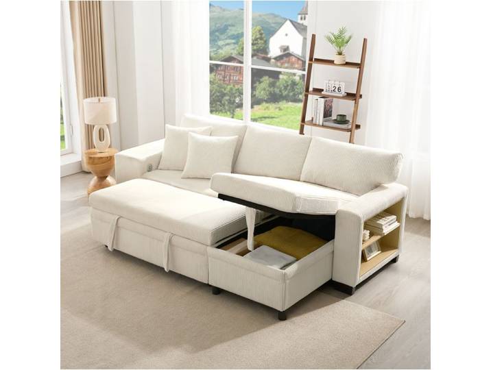 Klappsofa mit Schlaffunktion L-förmig 3-Sitzer Ecksofa mit USB-Ladeanschluss und Stauraum