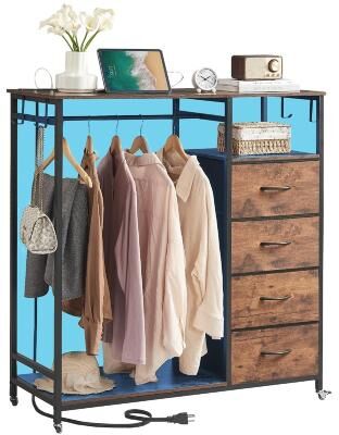 No Dresser for Bedroom with Hanging Rack LED Lights and Charging Station