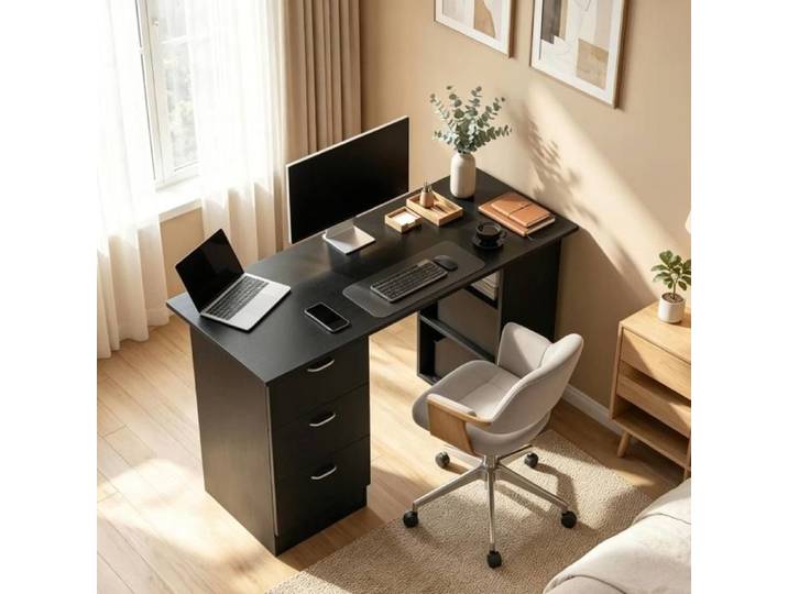 Bureau droit informatique 3 tiroirs 3 étagères réversibles - LPOSPI - effet bois MDF noir 120 × 49 × 72 cm