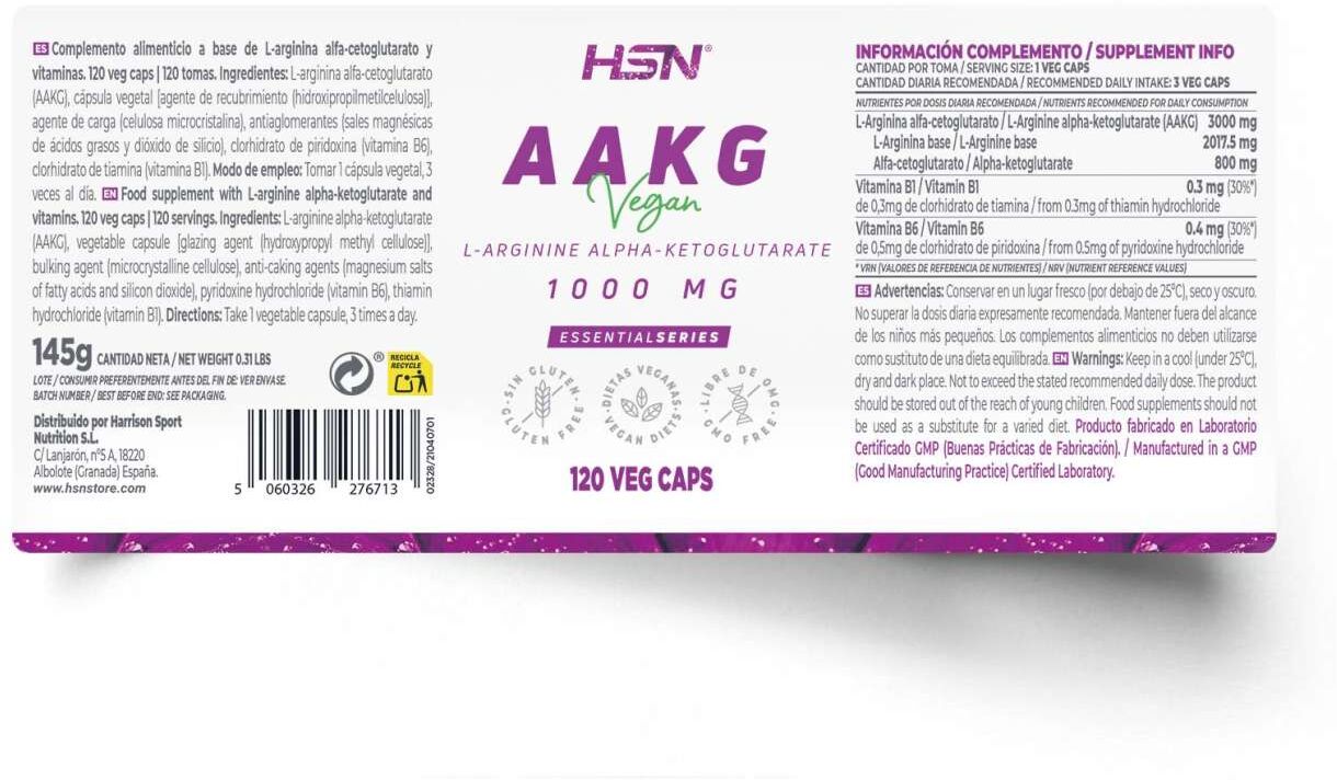 HSN Arginina alfa-cetoglutarato 1000mg (AAKG) - 120 veg caps - Sexualidad Masculina - Cápsulas Vegetales - 120  Servicios