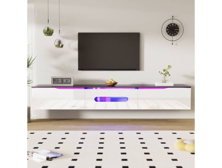 Meuble TV mural - DREAMMESPACE - 180x35x30cm - LED 16 couleurs - Blanc et Noir - Design contemporain