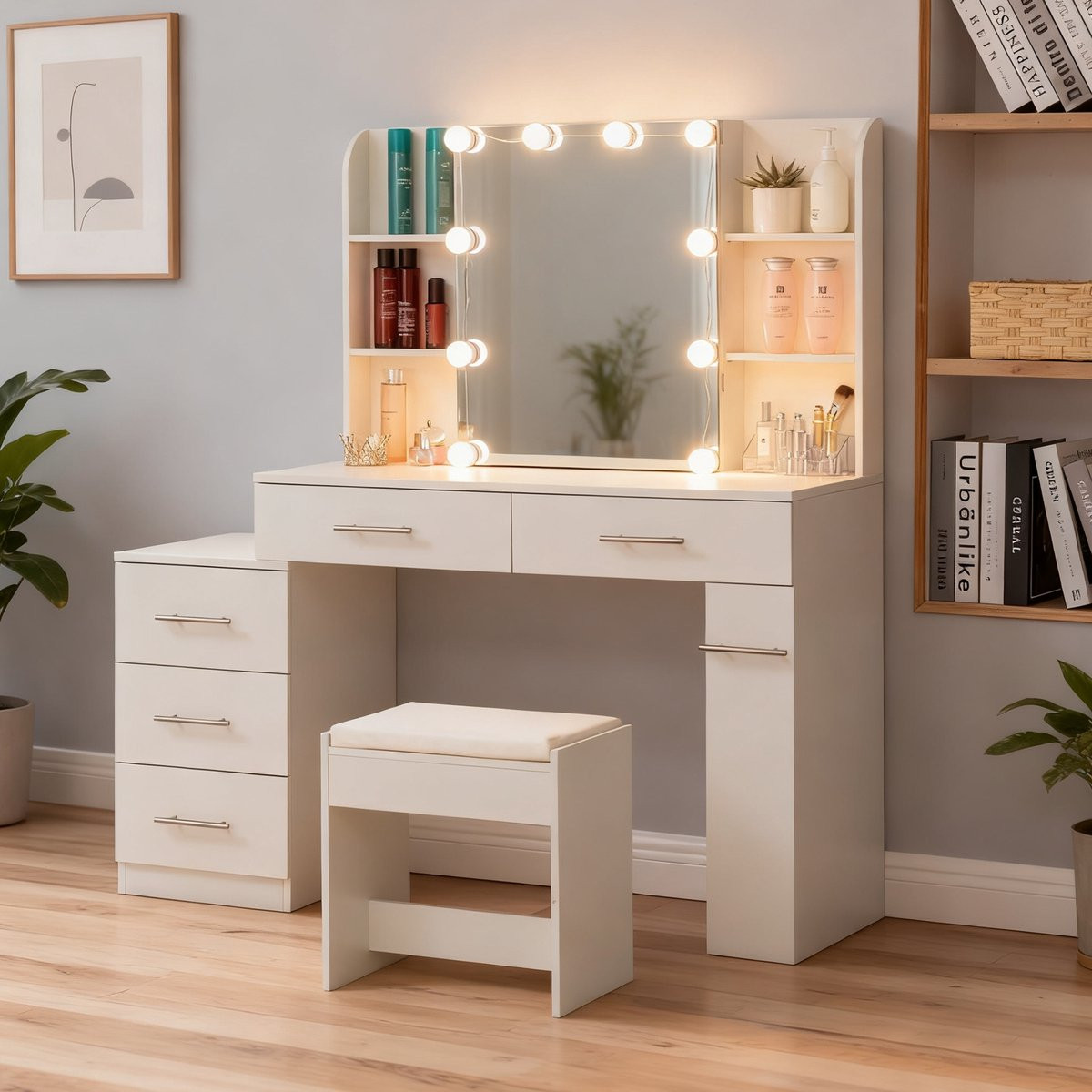 MIVRAY Kaptafel met Schuifspiegel, Verborgen Opbergruimte en Ledverlichting - Wit