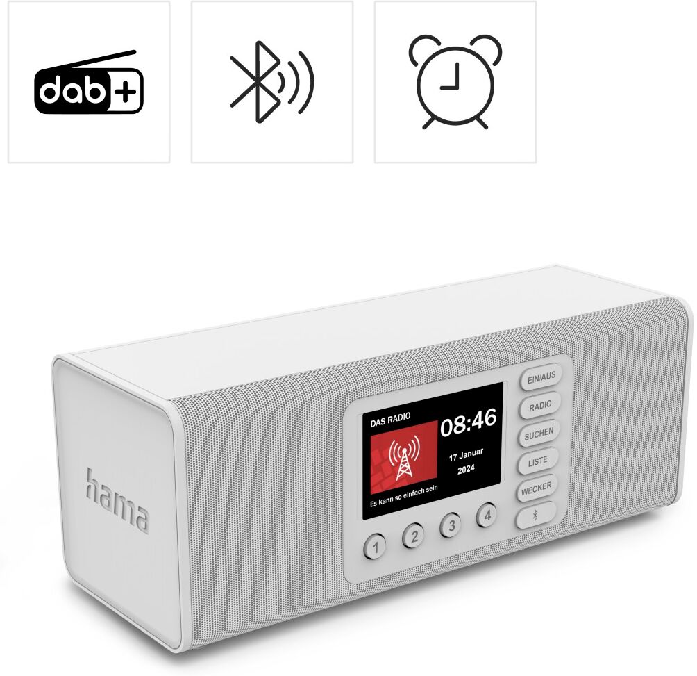 HAMA Digitalradio (DAB+) "Digitalradio mit DAB DAB+ FM Bluetooth und Wecker", weiß, B:35cm H:13cm T:12,5cm, Radios, 4,3 Zoll TFT-Farbdisplay, große Tasten, Direktwahltasten