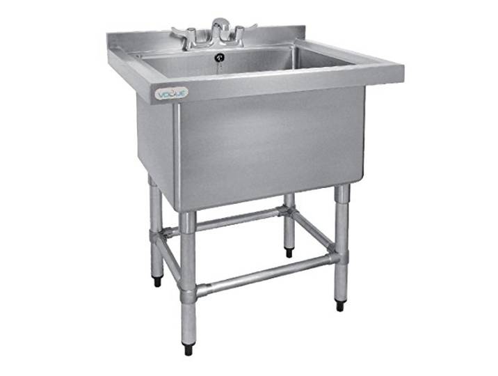 Vogue Tiefe Topfspüle mit Aufkantung an der Rückseite, Edelstahl, Größe: 900(H) x 770(B) x 600(T)mm, Fassungsvermögen: 100 Liter, Tiefe Großküchenspüle mit Standfuß und Ablage, CE141
