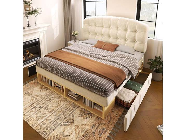 lit simple capitonne SENVIRO en velours beige avec rangement tete de lit reglable