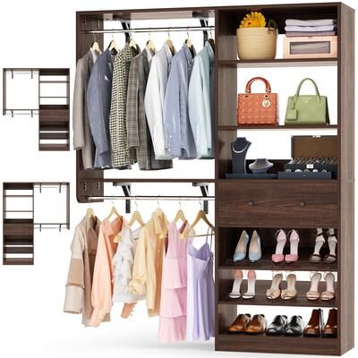 Rackcog 5FT Wood Closet System with 2 Hanging Rods ＆ Adjustable Shelf,Reversible Walk In Closet Organizers with Shoe Rack ＆ Drawer