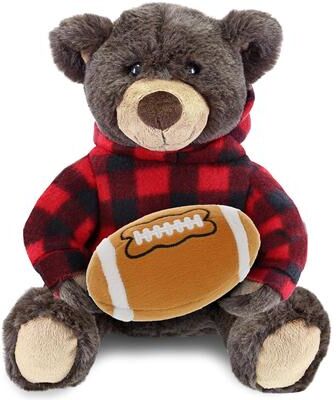 DolliBu Brown Bear Stuffed Toy w/ Red Plaid Hoodie with Football Plush - 10 inches