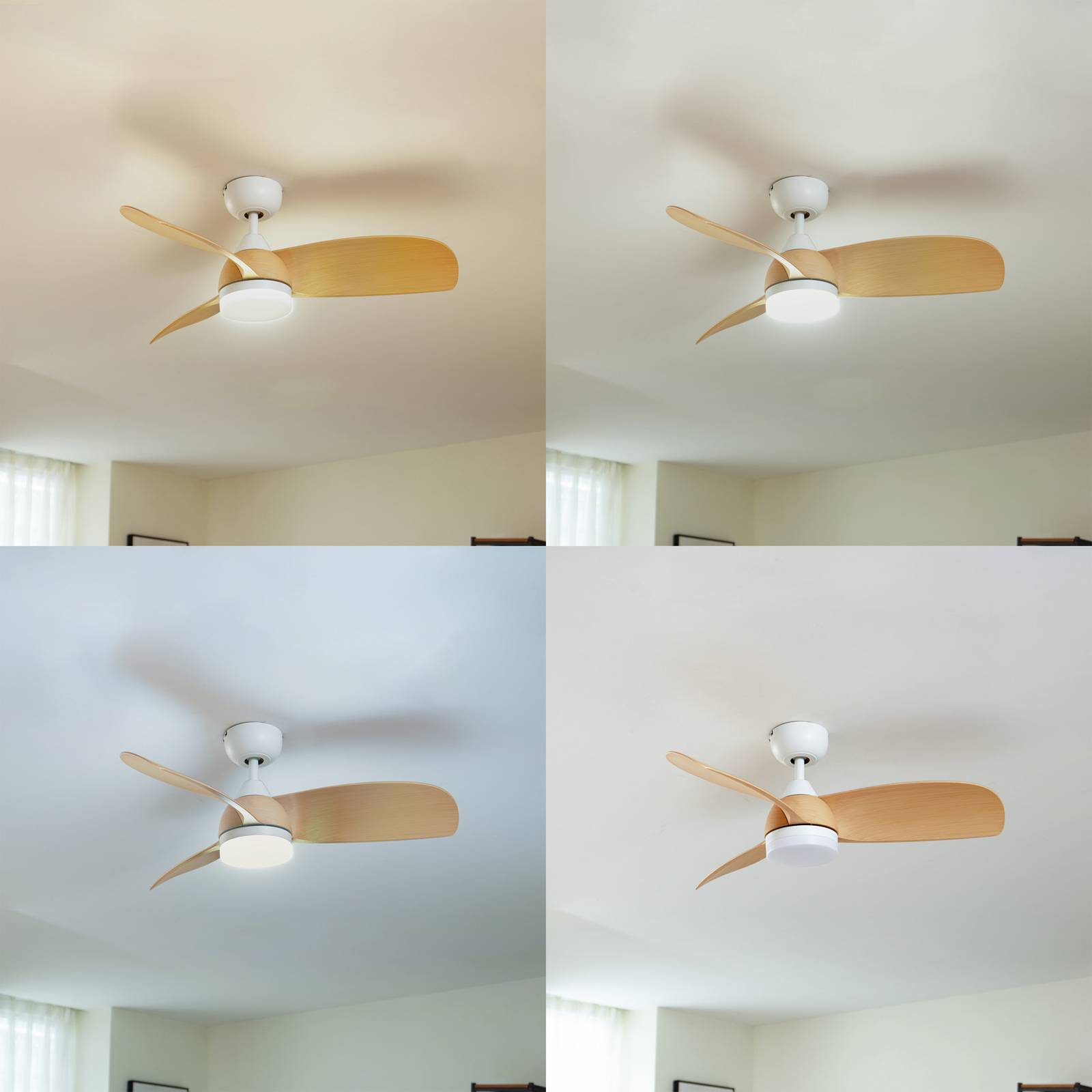 Lindby Enon LED ceiling fan, white/wood-effect, DC, quiet Lindby, dimmable, White / opal, Living / Dining Room, metal, Modern, Ceiling Fans with Lighting