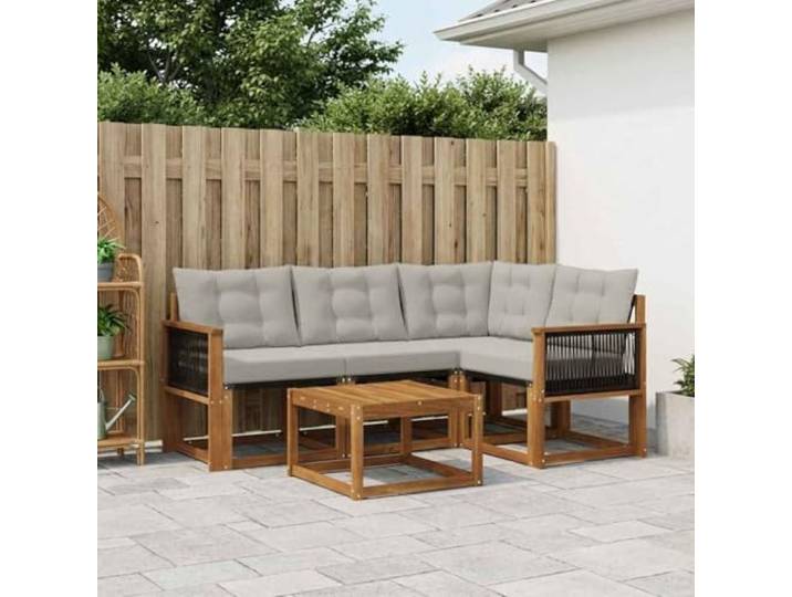 RJPLMFV Sofa-Set für den Außenbereich, 5-teilig, Akazie, Hellgrau Abnehmbare Kissen mit Reißverschluss, Textilene-Sitzfläche, abfließende Lattenrost, pflegeleicht