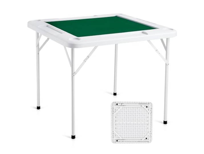 VEVOR Mahjong-Tisch, Klappbarer Dominotisch für 4 Spieler mit Verschleißfester Grüner Tischplatte, Tragbarer Quadratischer Kartentisch mit 4 Getränkehaltern & 4 Chip-Fächern für Mahjong-Poker-Puzzles