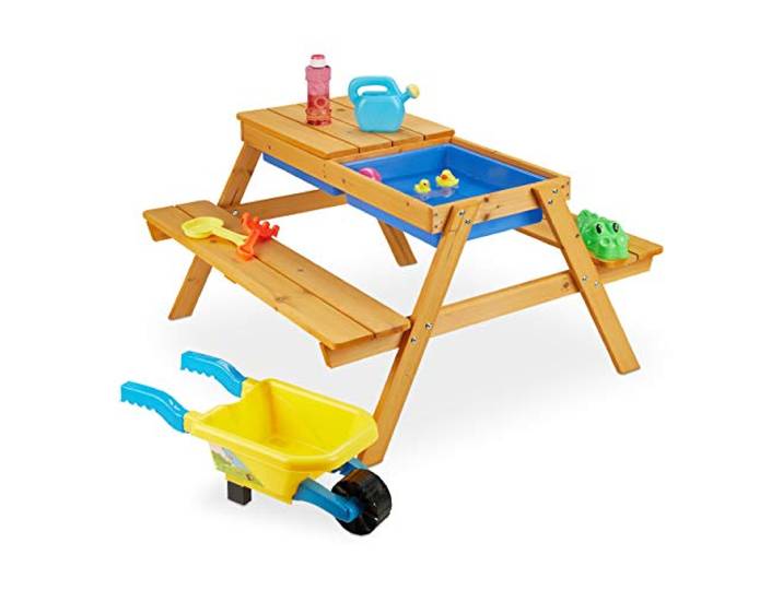 Relaxdays Ensemble Chaise Table Enfants en Bois\, 2 en 1 pour Jeux et Cuisine de Boue\, Manger dans Le Jardin\,49x90x85 cm