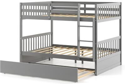 Costway Full over Full Bunk Bed Platform Wood Bed with Ladder-Gray