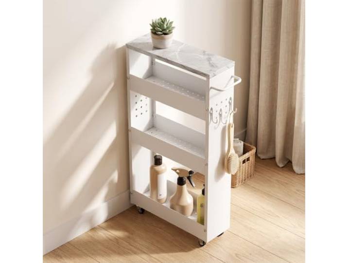 Schmaler Rollwagen Metall, Nischenregal Mit Rädern, Küchenwagen Für Lücken Robustes Metall, 13cm Schlankes Design, Stabile Lagerung, Einfache Montage(White,4Tier)