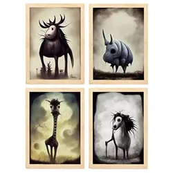 POSTER Set mit 4 Vierbeiner Tier im T Burton Goth Stil A3 Rahmen aus hellem Holz