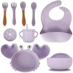 JTI, Kindergeschirr + Kinderbesteck, Kinder-Silikon-Utensilien-Krabben-Set, 9-teilig, lila