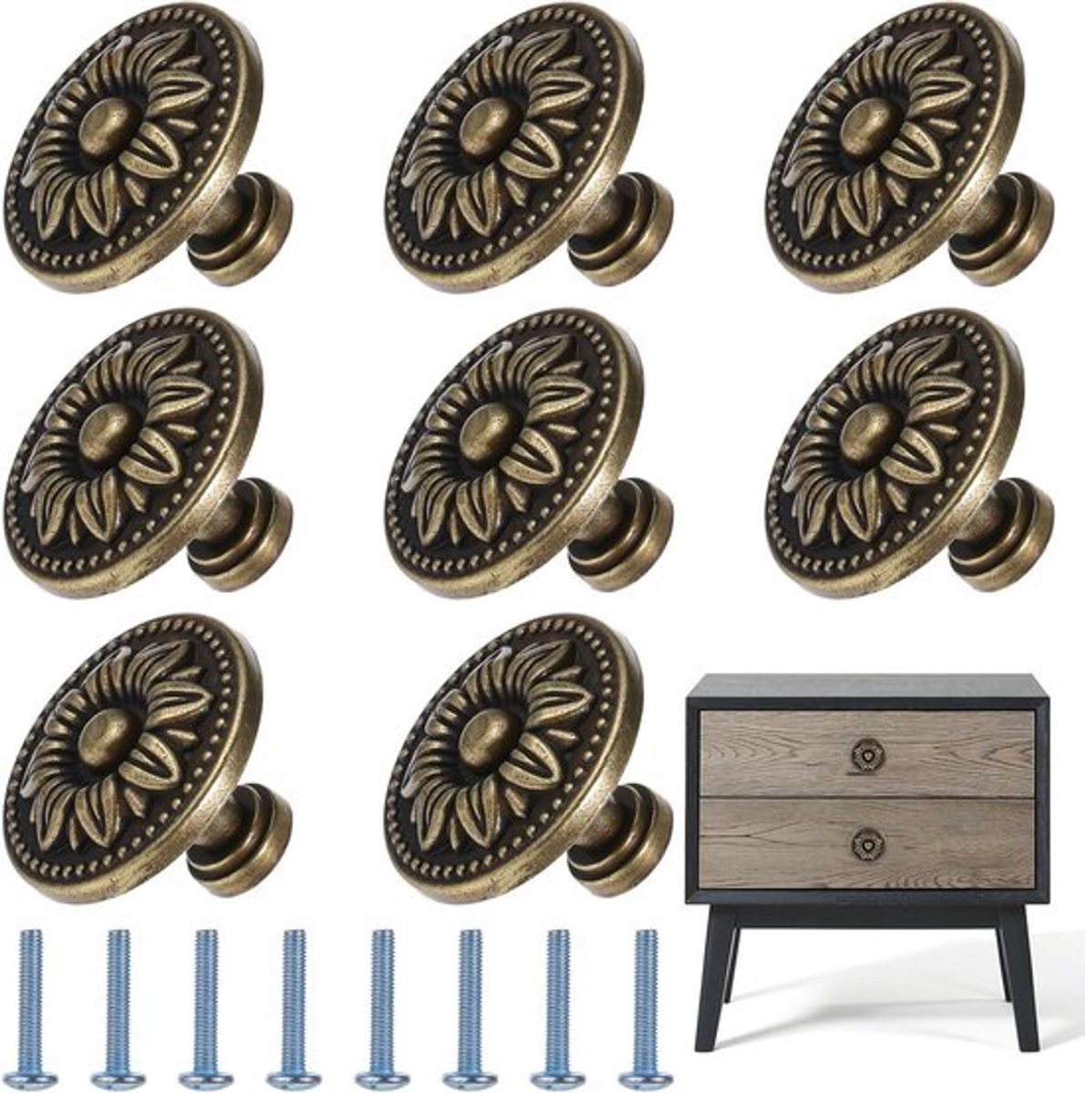 Set van 8 metalen trekgrepen in vintage brons voor kast- en lade-deuren