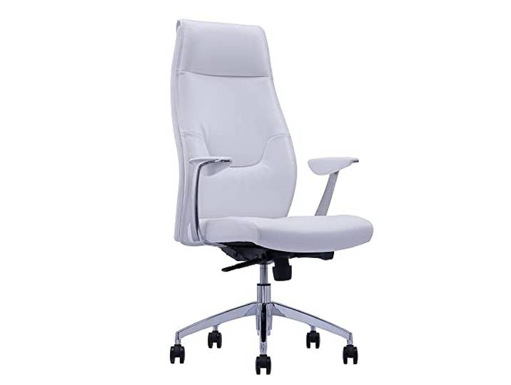 Waytex Fauteuil de Bureau Direction Confortable\, Dossier Haut en Simili Cuir Anti-Abrasion\, Accoudoirs en Aluminum Poli et Manchettes Simili Cuir\, Pied Aluminium\, Blanc